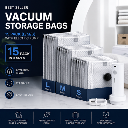 Pack4More™ Vacuum Travel Bags Set – 15 Bags & Wireless Pump