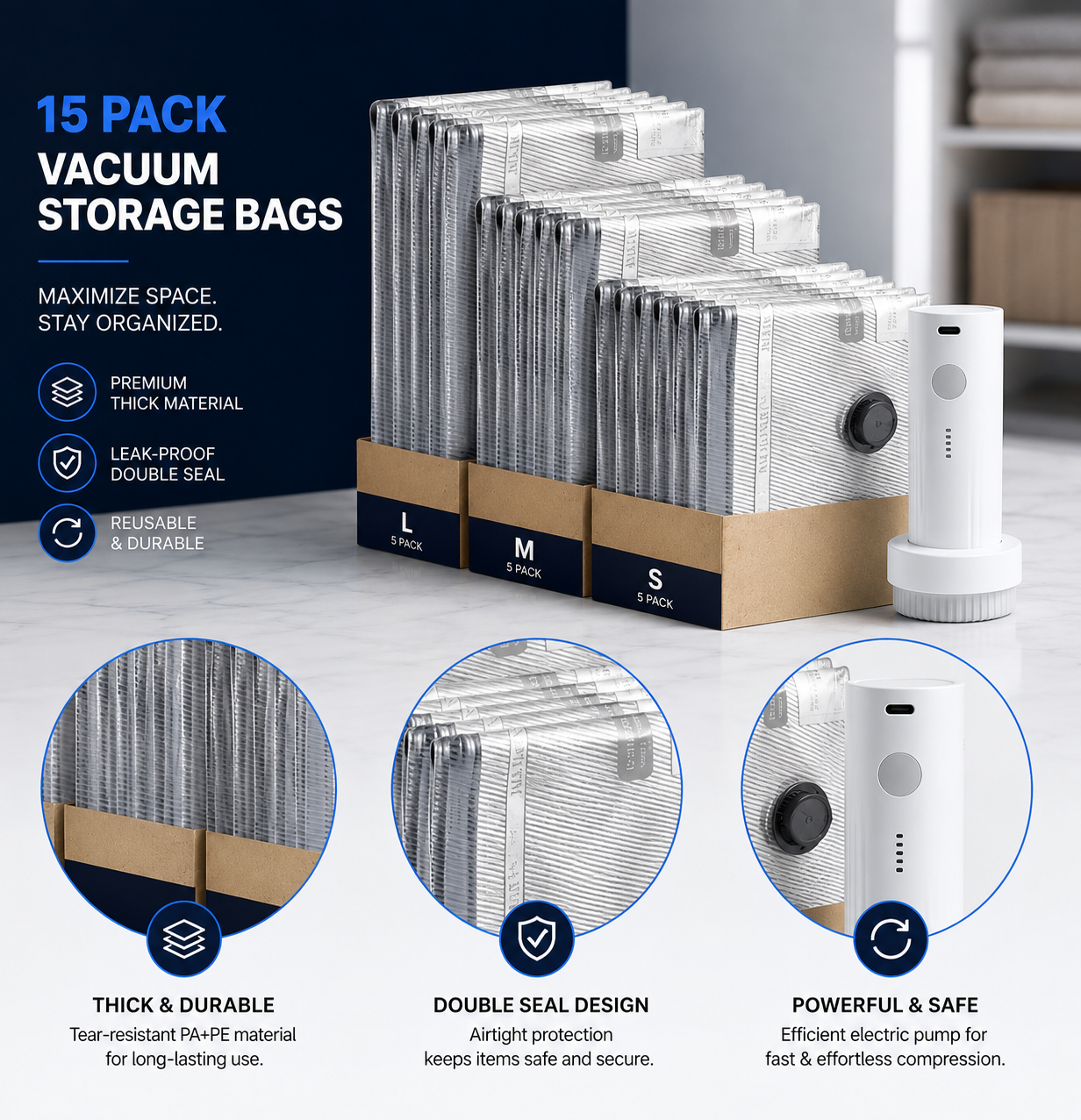Pack4More™ Vacuum Travel Bags Set – 15 Bags & Wireless Pump